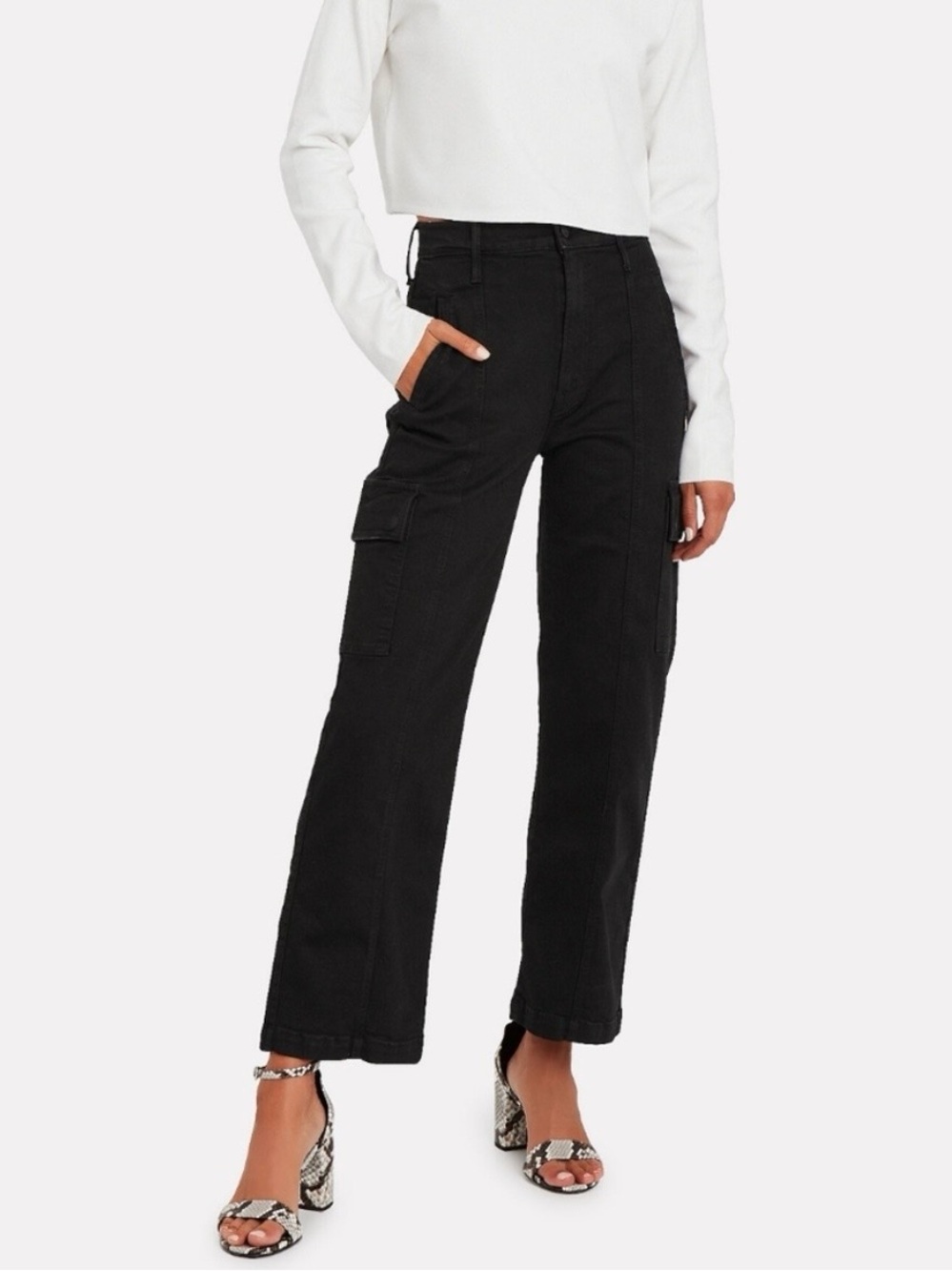 MOTHER Rambler Cargo Ankle Jeans In Black Not Guilty Size 26